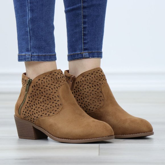 Tan Round Toe Low Heel Ankle Boots Faux Suede Lacer Cut Design - Picture 12 of 12